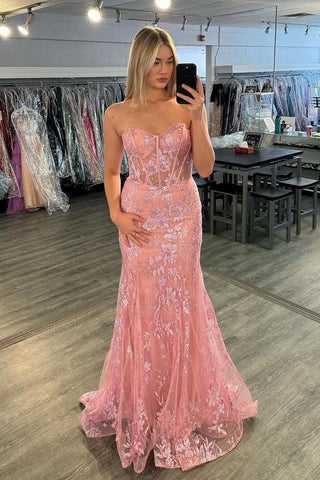 Pink Mermaid Strapless Lace Long Prom Dresses