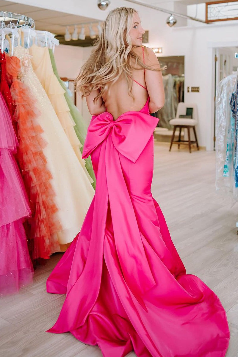 Fuchsia Mermaid V Neck Stin Long Prom Dresses with Bow