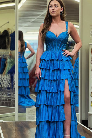 Sparkly Sweetheart Blue Satin A Line Long Prom Dresses with Slit