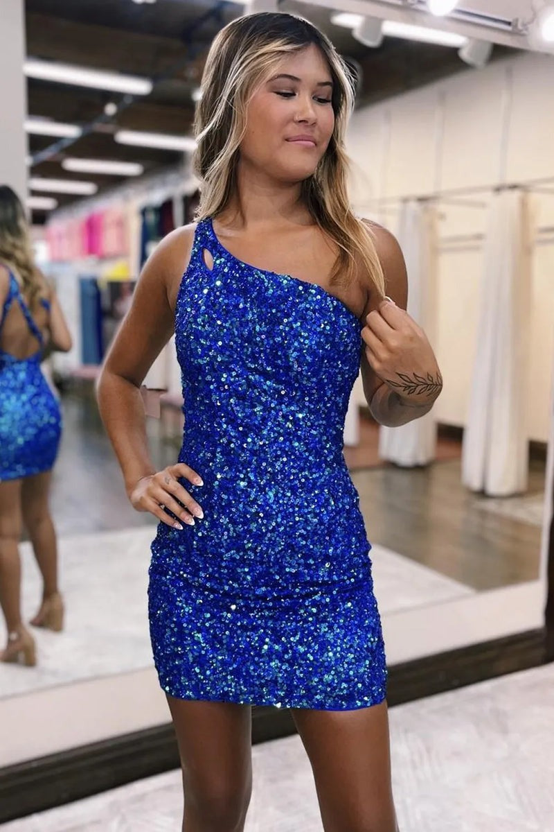 One Shoulder Bodycon  Sequins Homecoming Dress