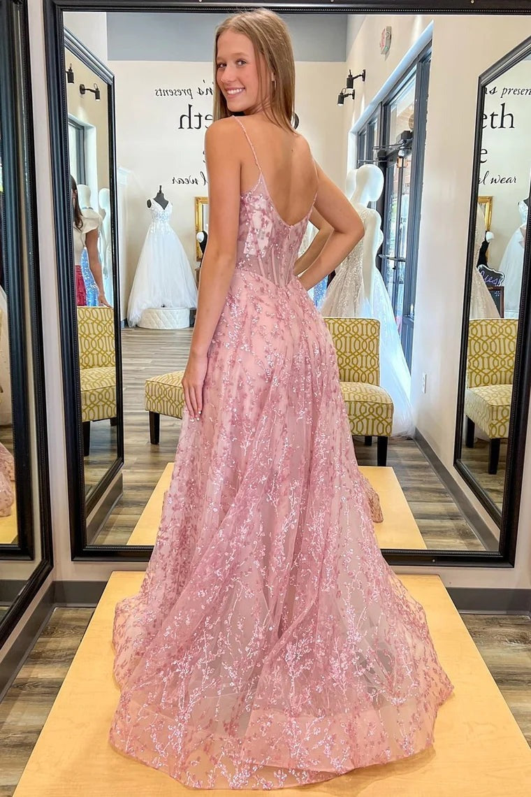Glitter A-Line Sequin Lace Spaghetti Strap Long Prom Dress