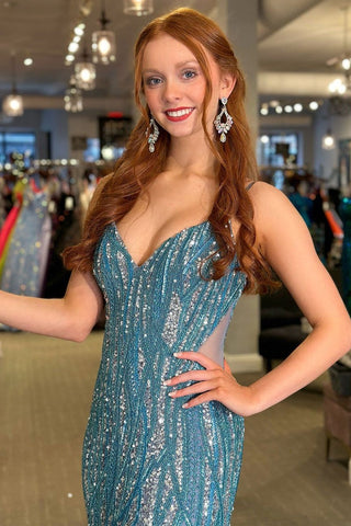 V Neck Mermaid Blue Sequins Long Prom Dresses with Slit