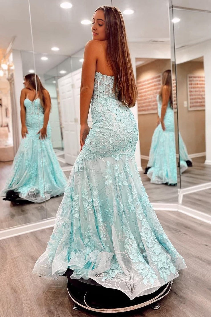 Cute Sweetheart Mint Tulle Lace Long Mermaid Prom Dresses with Appliques