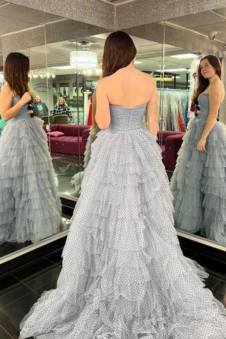 Unique Polka Dot Ruffle Tiered A-Line Long Prom Dresses with Bow
