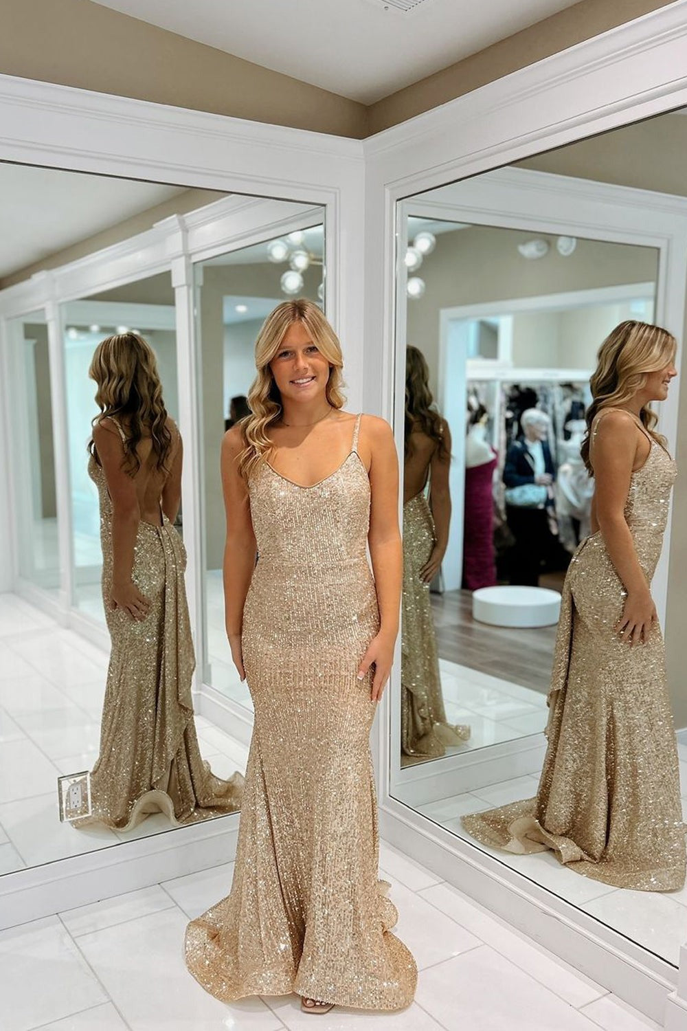 Charming V Neck Gold Sheath Prom Dresses