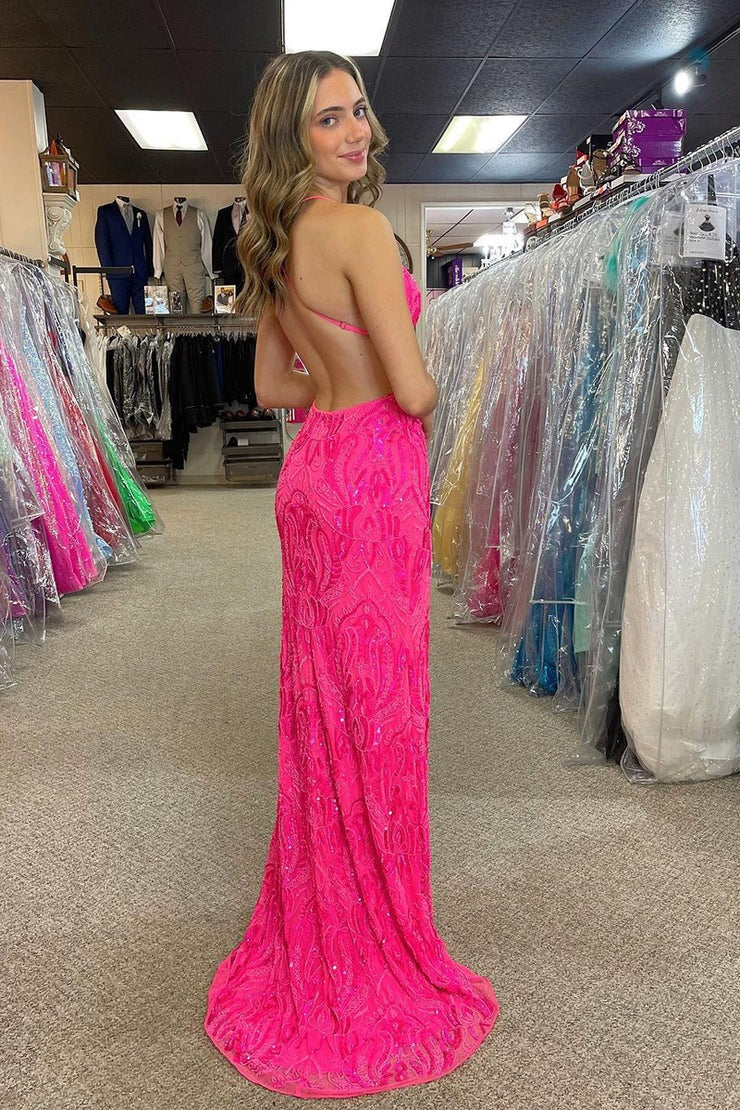 V Neck Fuchsia Sequins Appliques Long Mermaid Prom Dress