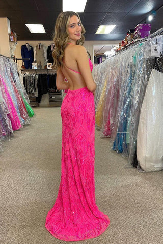 V Neck Fuchsia Sequins Appliques Long Mermaid Prom Dress