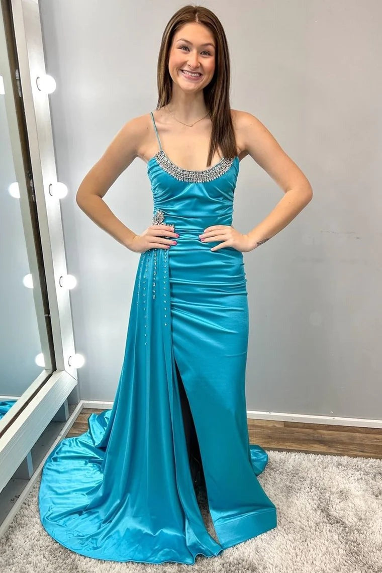 Spaghetti Strap Teal Blue Beaded  Long Gown with Attached Train