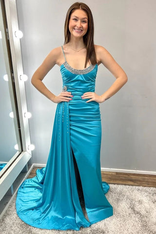 Spaghetti Strap Teal Blue Beaded  Long Gown with Attached Train