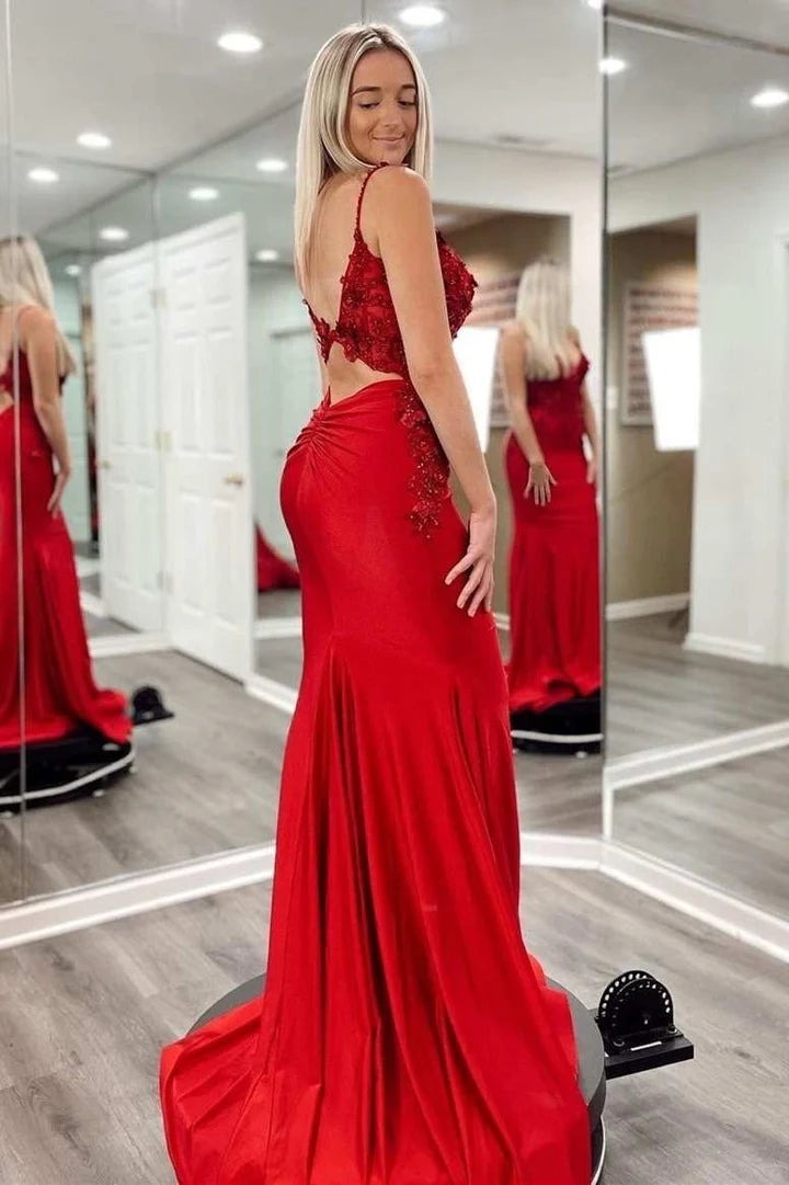 Charming V Neck Fuchsia Sparkly Satin Long Mermaid Prom Dresses with Appliques