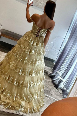Off the Shoulder Princess Sequined Lace Prom Dresses