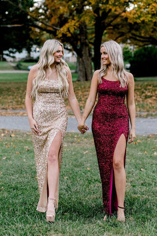 Champagne Mermaid Sequins Scoop Neck Long Prom Dresses with Slit