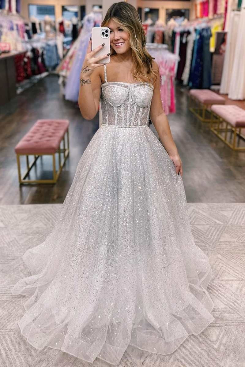 A-Line Silver Ombre Sequins Princess Straps Prom Gown
