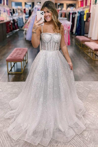 A-Line Silver Ombre Sequins Princess Straps Prom Gown