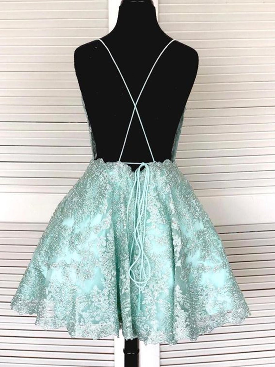 Backless Short Lace Prom with Straps, Formal Graduation Homecoming Dresses