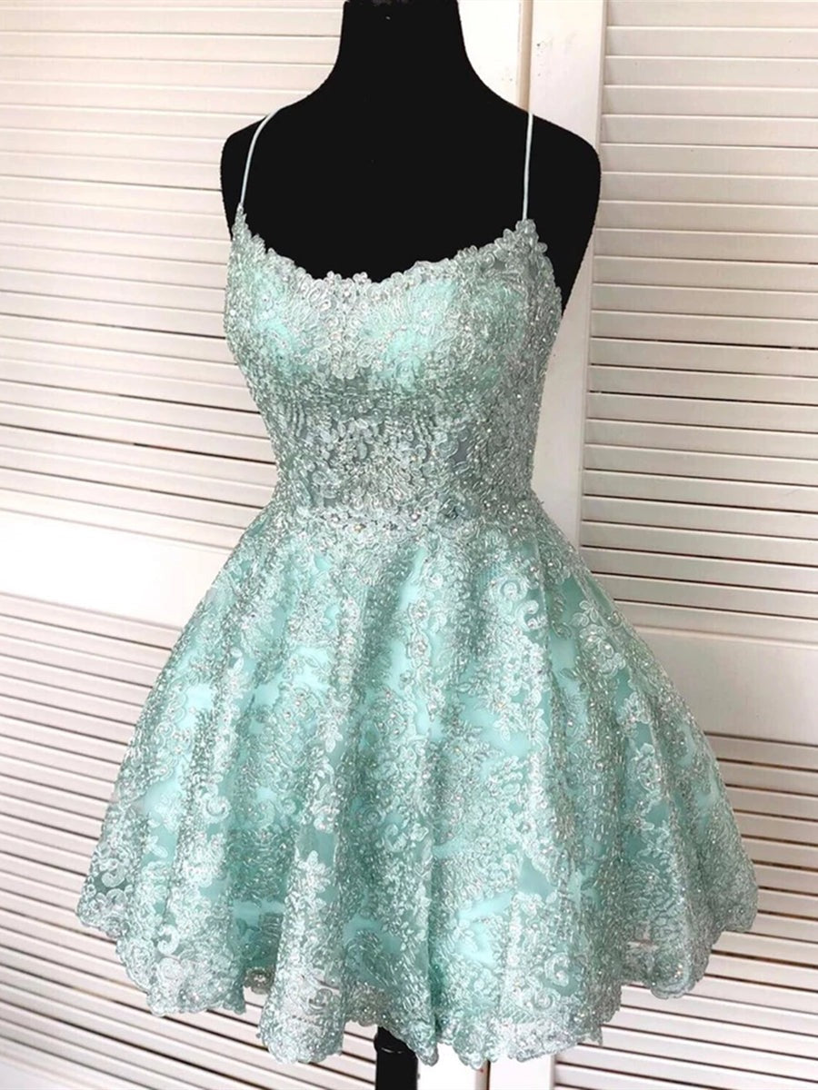 Backless Short Lace Prom with Straps, Formal Graduation Homecoming Dresses