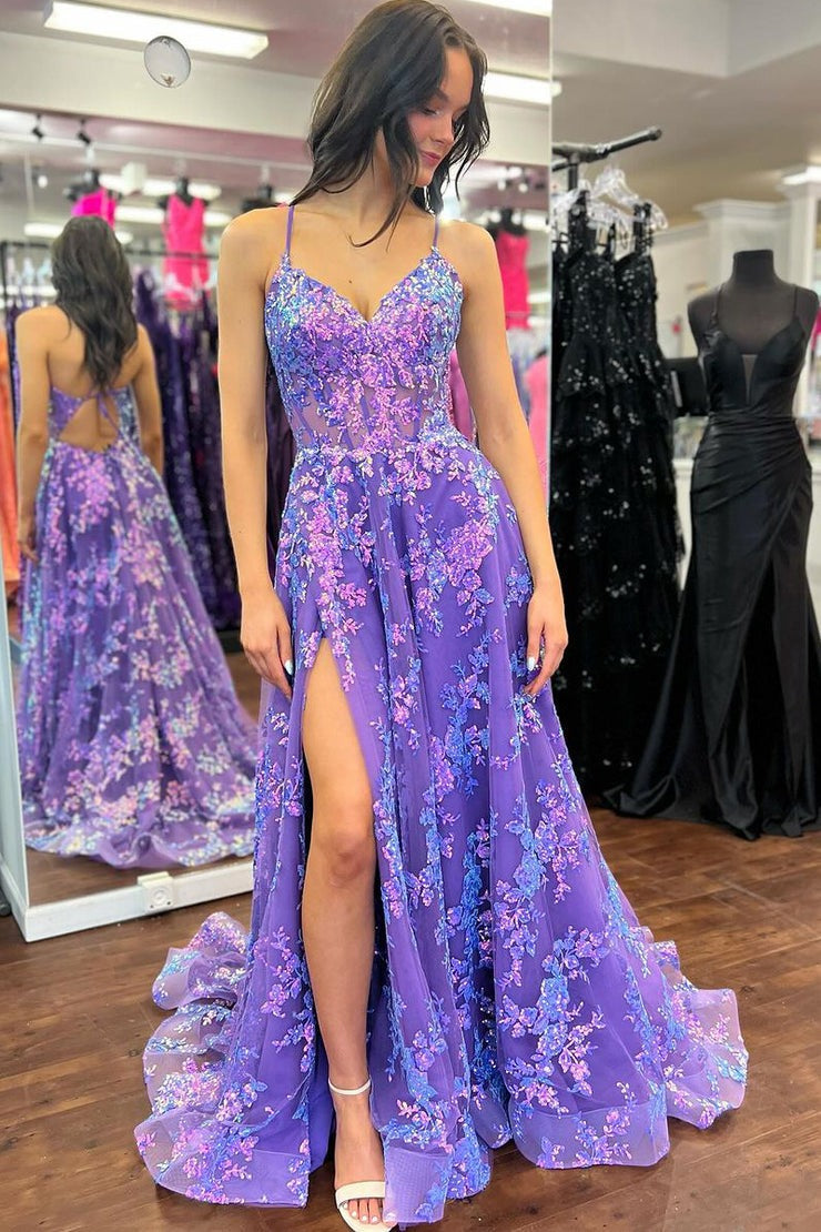 Cute V Neck Purple Sequins Lace Tulle A Line Prom Dress