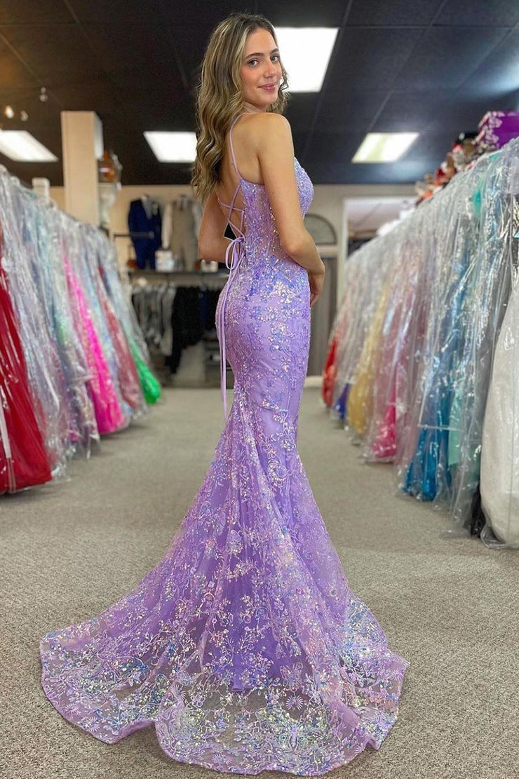 Charming Lilac V Neck Sequins Long Mermaid Prom Dress