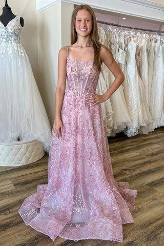Glitter A-Line Sequin Lace Spaghetti Strap Long Prom Dress