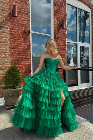 Cute Sweetheart Green Tulle Tiered A Line Long Prom Dresses with Slit