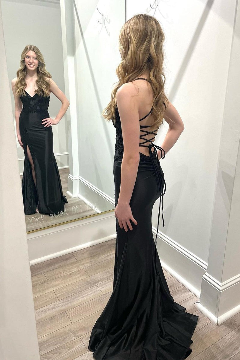 Black Mermaid V Neck Satin Long Prom Dresses with Slit