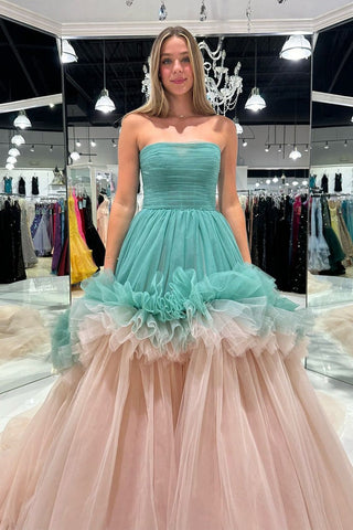 Chic Strapless Ruffle Tiered Tulle A-Line Long Prom Dress