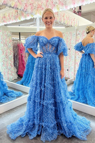 Blue Corset Long Tulle Floral A-Line Prom Dress with Ruffles