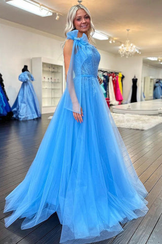 Cute One Shoulder Blue Tulle A Line Prom Dress with Appliques