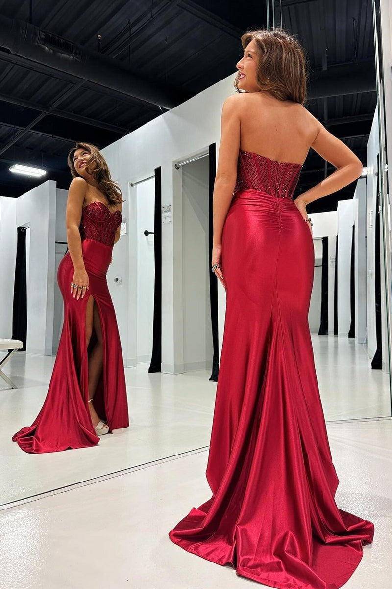 Dark Red Mermaid Sweetheart Satin Long Prom Dresses with Beading