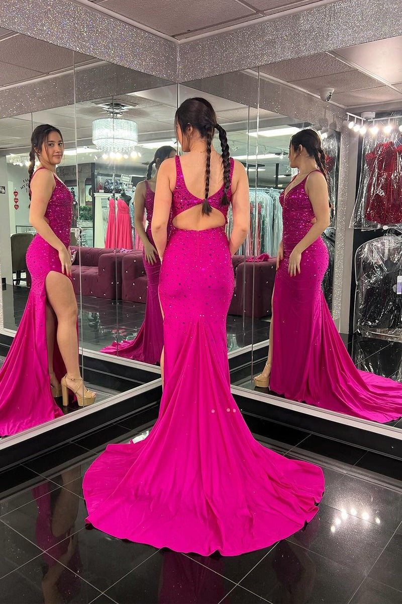 Fuchsia Mermaid V Neck Beaded Long Prom Dresses with Slit