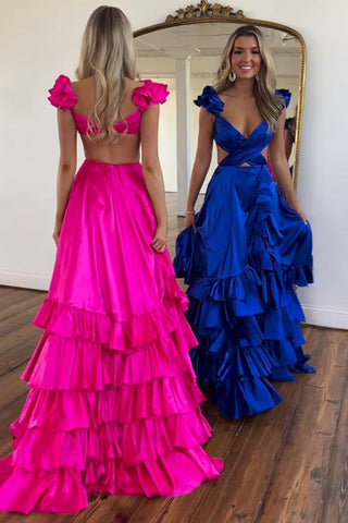 Fashion A Line V Neck Satin Long Prom Dresses with Slit