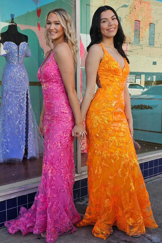 Mermaid V Neck Sequin Lace Long Prom Dresses