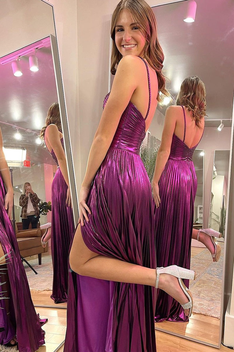 Magenta  A-Line Spaghetti Straps Pleated Long Prom Dresses