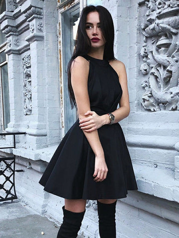 A Line Round Neck Pleated Satin Homecoming Short Prom, Formal Graduation Evening