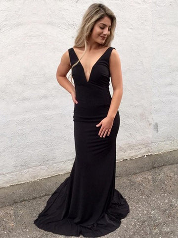Mermaid V Neck Backless Long Prom Dress with Sweep Train