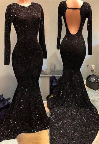 Black Sequins Long Sleeve Prom Dress，Evening Gowns