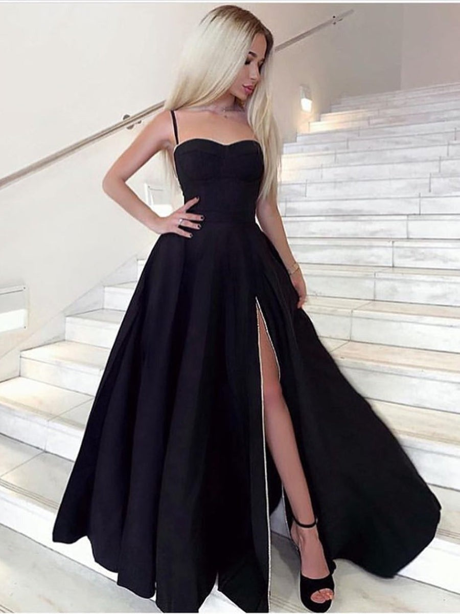 Black Long Sweetheart Neck Prom with High Split, Formal Evening Dresses