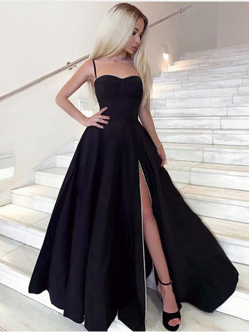Black Long Sweetheart Neck Prom with High Split, Formal Evening Dresses