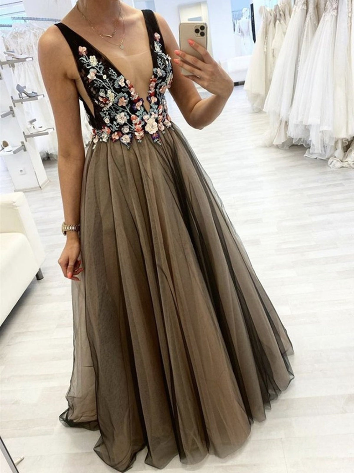 V Neck 3D Flower  Long Prom,Formal Evening Dresses