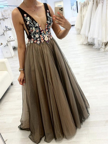 V Neck 3D Flower  Long Prom,Formal Evening Dresses