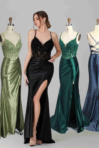 Mermaid Straps Ruched Prom Dress with Slit