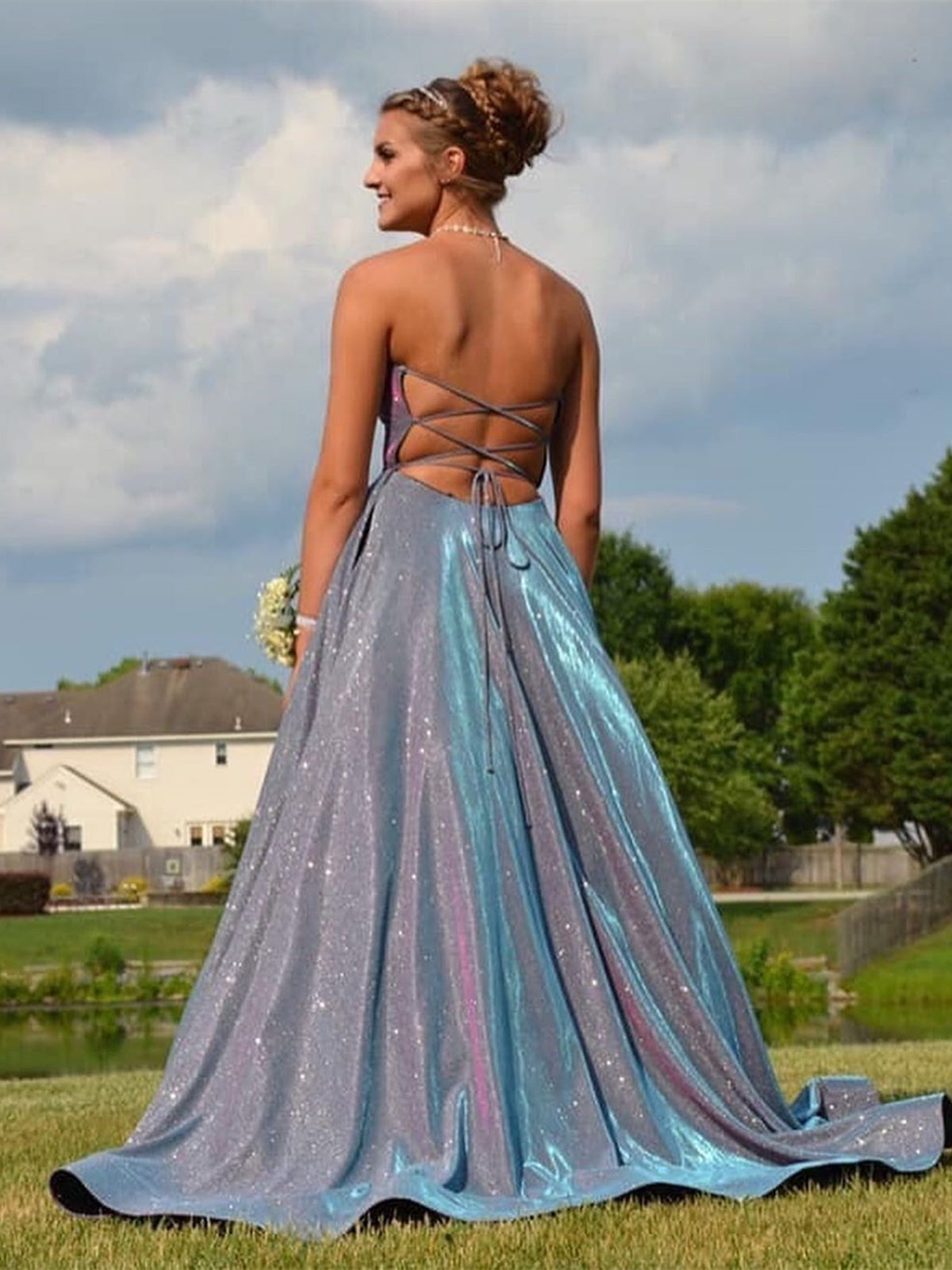 Long Backless  Prom Dresses with High Slit, Formal Graduation Evening Dresses