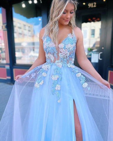 Long Tulle Prom Dress With Colorful Lace