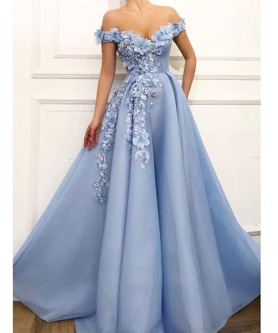 Tulle Long Off The Shoulder 3D Floral  Prom Dress