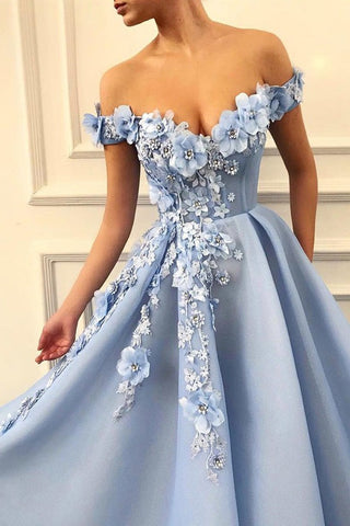 Tulle Long Off The Shoulder 3D Floral  Prom Dress
