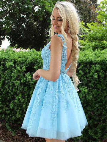 V Neck Lace Appliques Homecoming Short Prom Dress
