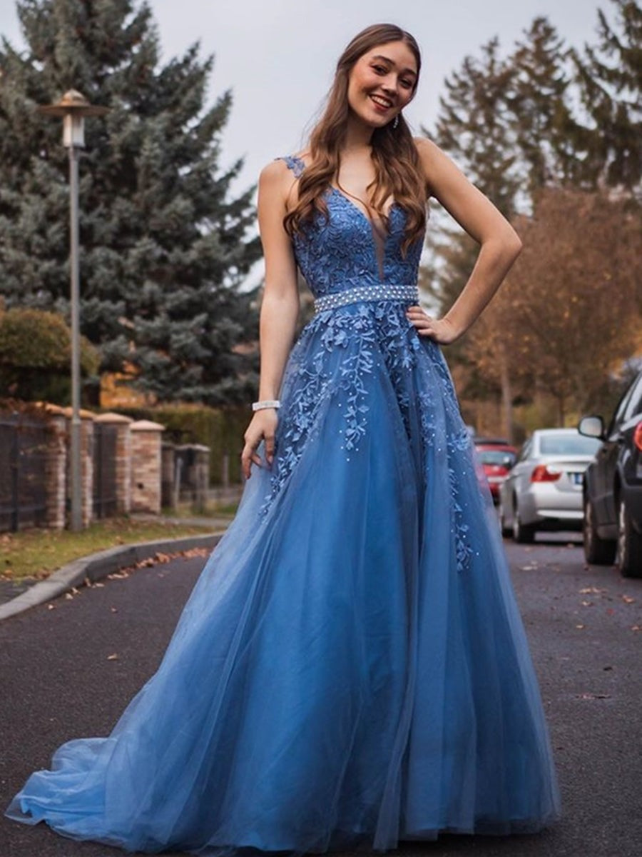 V Neck Lace Tulle Beaded  Appliques Long Prom with Belt, Formal,Evening Dresses