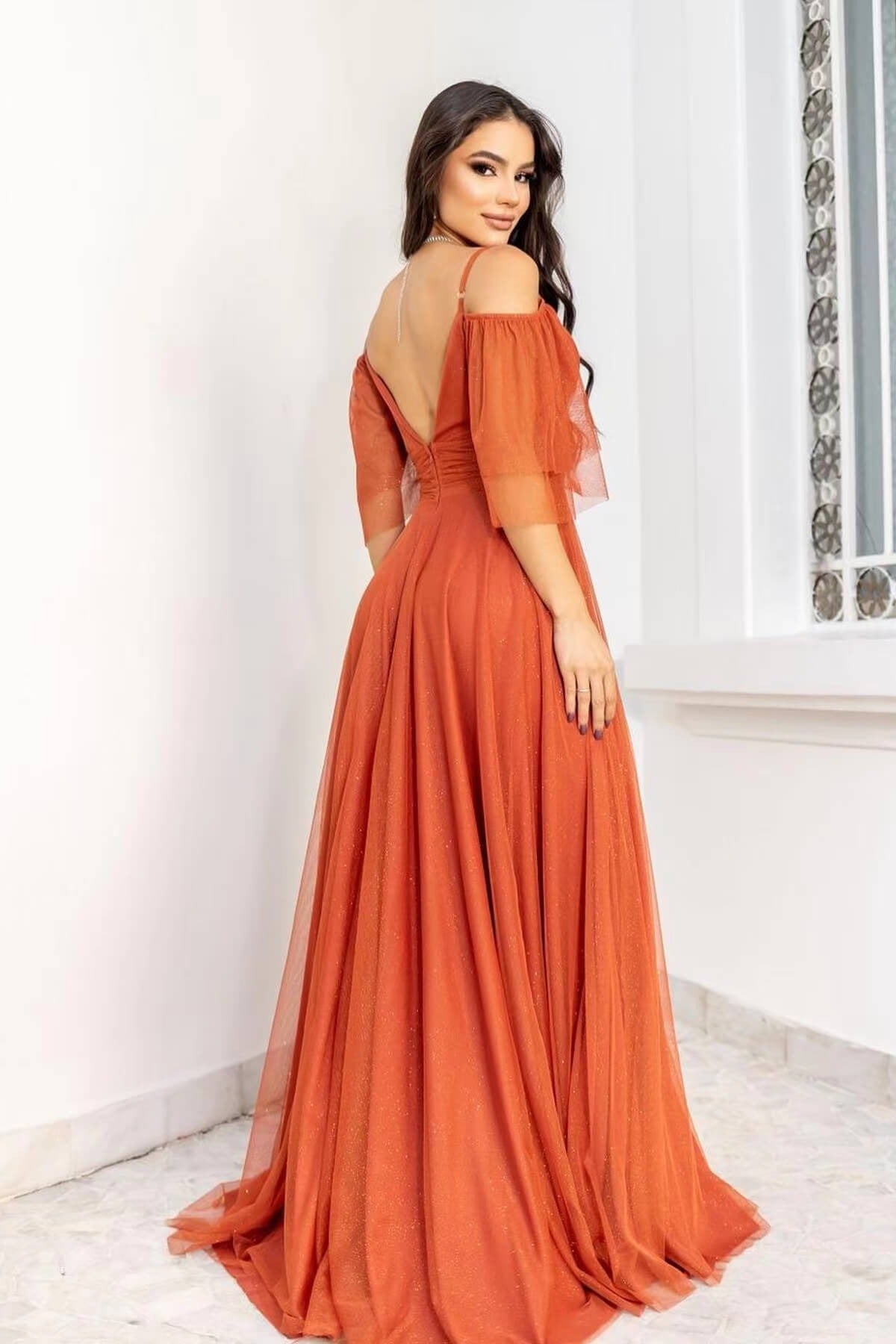 A Line Boho Tulle Prom Dress with Spaghetti Straps