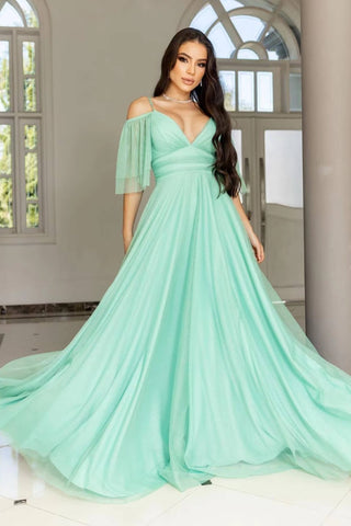 A Line Boho Tulle Prom Dress with Spaghetti Straps