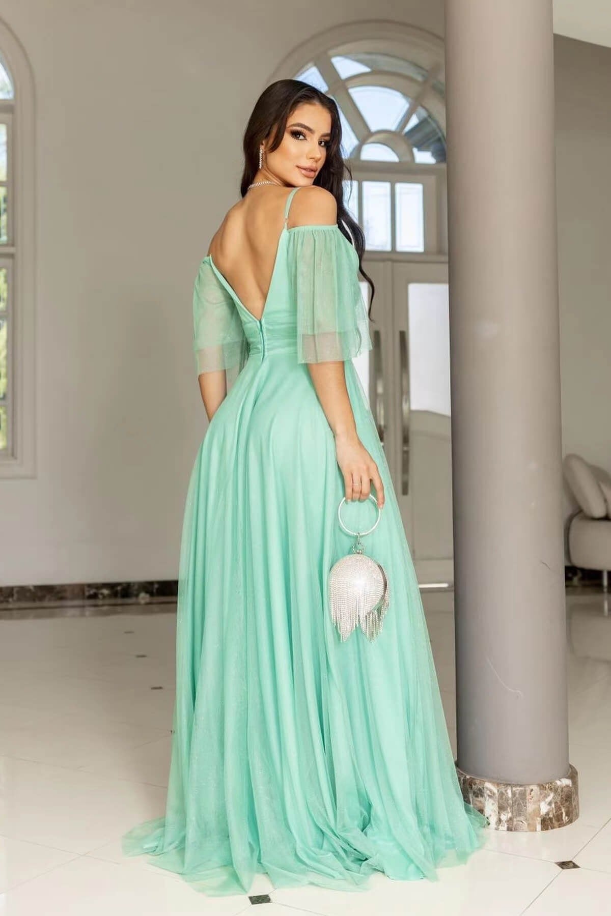 A Line Boho Tulle Prom Dress with Spaghetti Straps